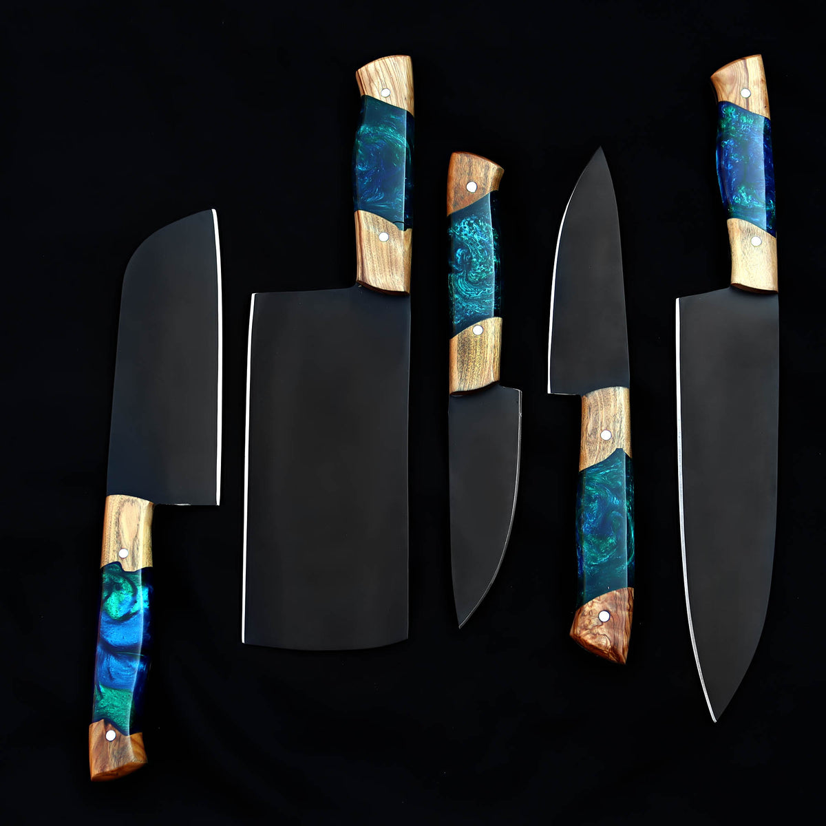 NAKT 5-Piece Chef Knife Set – Includes Butcher Knife | Black Coated Professional Kitchen Knives in Pakistan