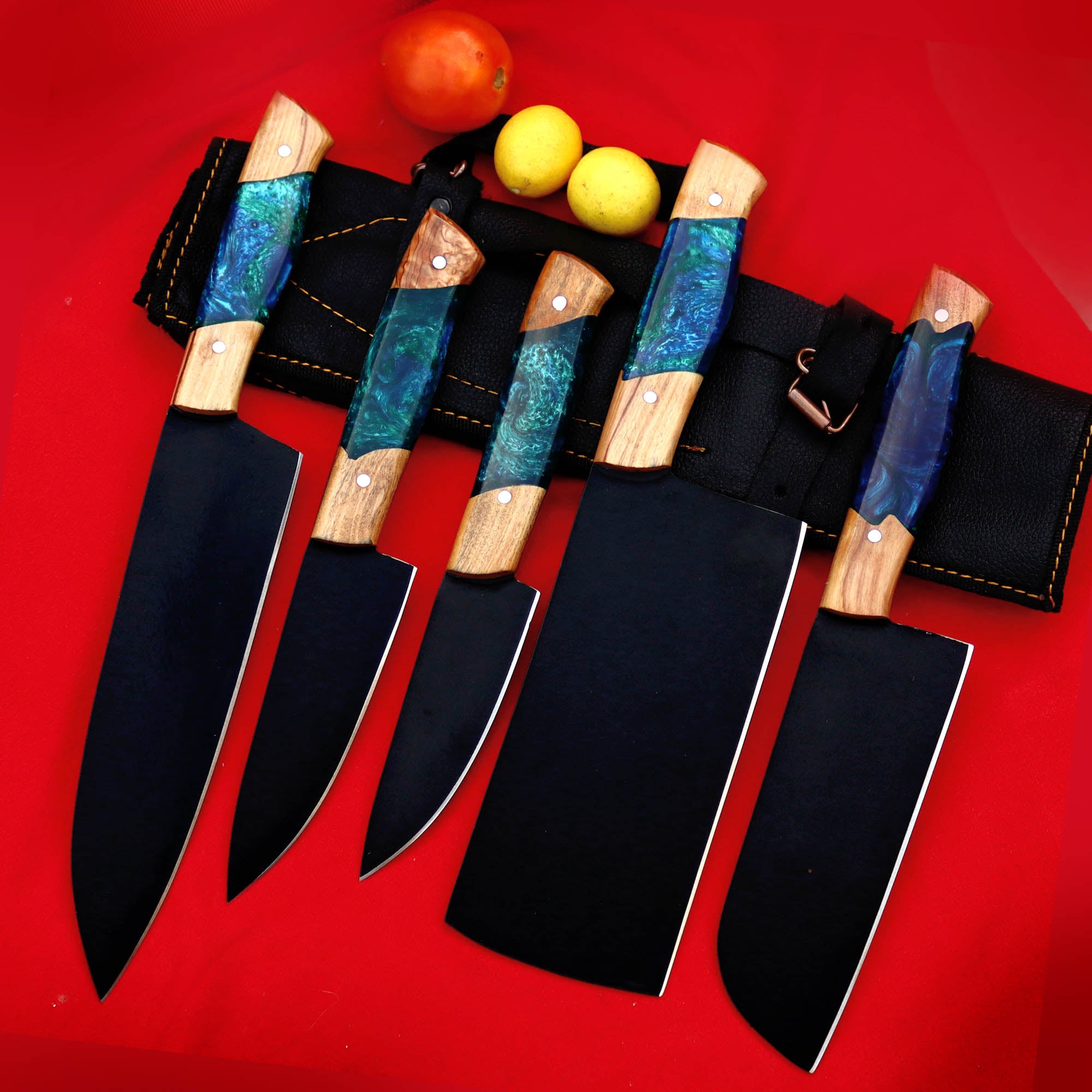NAKT 5-Piece Chef Knife Set – Includes Butcher Knife | Black Coated Professional Kitchen Knives in Pakistan
